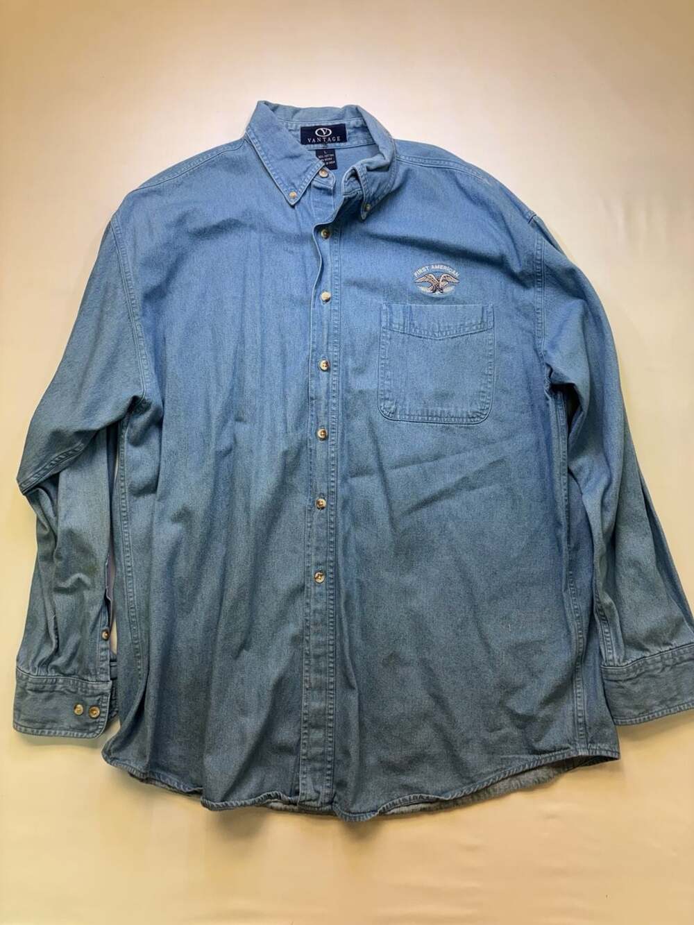 Vantage First American Embroidered Logo Blue Denim Long Sleeve Button Shirt